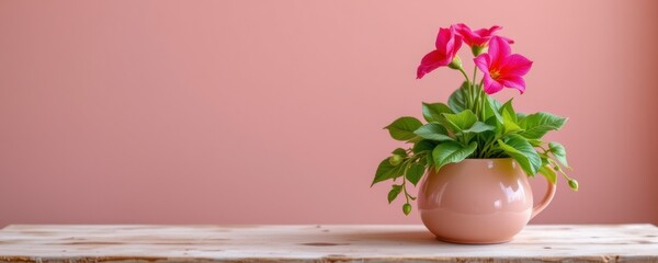 Pink Flowers in a Pastel Pot on Wooden Table Against a Pink Wall