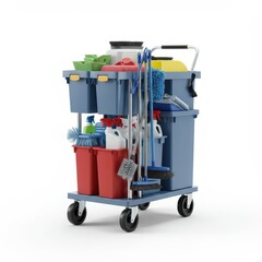 Isolated image of a professional cleaning cart loaded with brooms, brushes, buckets, sprays, and cleaning products for maintenance tasks.