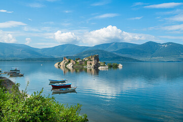 Kapıkırı, Muğla, Turkey; Herakleia Ancient City or Latmos Herakleia in Lake Bafa is one of the urban settlements of the Ancient Ionian region. Fishing boats in Lake Bafa.