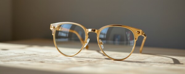 Gold Round Eyeglasses on Wooden Surface in Soft Sunlight