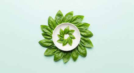 Fresh basil leaves elegantly circle a white plate against a soft, light-blue backdrop, perfect for culinary or healthy eating concepts.