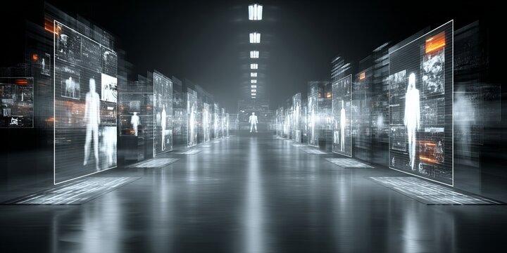 Futuristic data corridor with a glowing digital screens displaying human silhouettes and holographic information