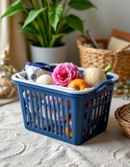 Blue Plastic Storage Basket with Pink Flowers and Fruit on Table