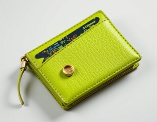 Lime Green Leather Wallet with Gold Zipper on Neutral Background