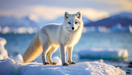 Naklejka premium a white arctic wolf is on the snow