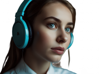 Portrait of a woman with blue eyes wearing blue headphones on black bg