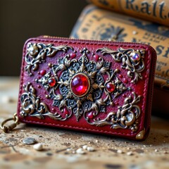 Ornate Red Leather Wallet with Gold Metalwork and Gemstones