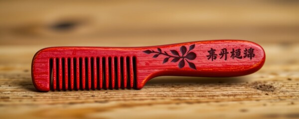 Red Wooden Hair Comb with Floral Engraving on Wooden Surface