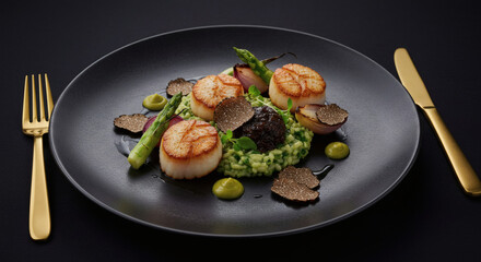 Gourmet Pan Seared Scallops with Truffle Risotto Asparagus and Red Onion Garnish