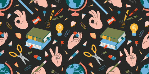 Seamless education themed pattern with school supplies, hand gestures, books and globe. Trendy modern vector illustration on black background, hand drawn, flat design