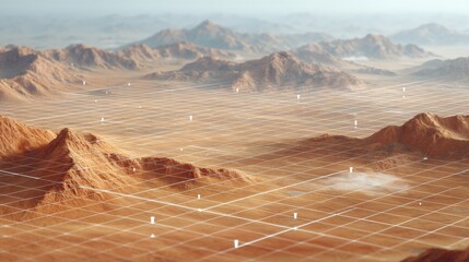 Twinkling Lights Capturing Simplicity and Elegant Lighting Designs, Surreal landscape with grid patterns overlaying mountains and a vast terrain.