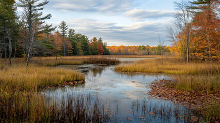 Fototapeta premium autumn bog, with its golden hues, fallen leaves, and harmonious coexistence of decay and rebirth, showcases seasonal transformation and colorful tranquility of this wetland ecosystem