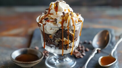 Delicious chocolate brownie sundae with caramel sauce and whipped cream in a glass dish on slate