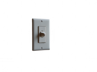 Close up of a dimmer switch on a white plate against a black background