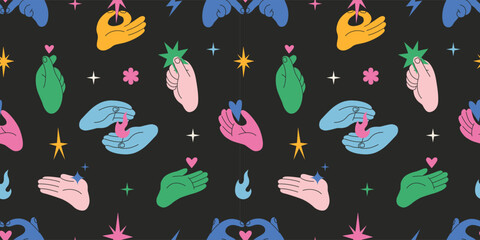 Seamless pattern with vibrant colorful hands in various love and support gestures. Trendy modern vector illustration on black background, hand drawn, flat design