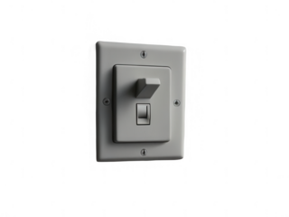 Close up of a light switch with a grey cover plate on a black background