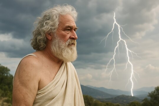 Ancient figure amidst dramatic storm