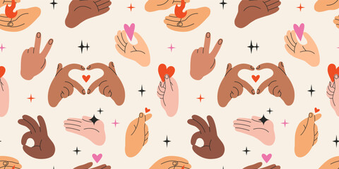 Inclusive vector seamless pattern with hands of different skin tones. Love and gratitude gestures with hearts on a light background. Diversity, mutual understanding, unity and togetherness concept