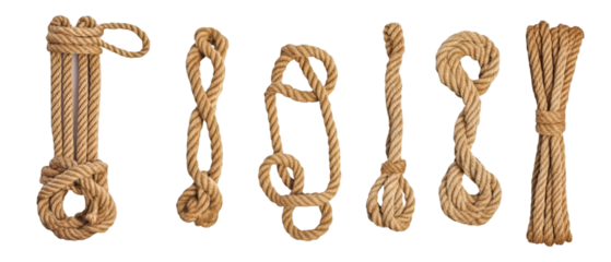 Various nautical rope knots are displayed against a transparent background in this studio shot, showing detailed textures and shapes.
