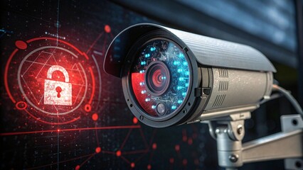 Enhanced Security Surveillance CCTV Camera and Cyber Security Lock Icon