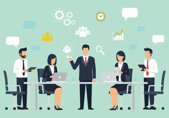 Business people meeting in an office, with a team communicating through speech bubbles and social network icons, illustrating teamwork and connection