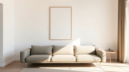 sofa, wooden frame, white walls, minimalist decor, modern interior design, natural lighting, empty frame, wooden floor, textured rug, neutral color palette, clean lines, simple elegance
