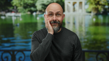 Man outdoors in park touching face with surprise expression, wearing casual sweater, standing...