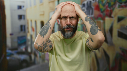Man with tattoos and beard looking distressed outdoors in an urban street with colorful graffiti on walls behind him. © Krakenimages.com