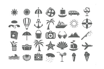 Set of Summer Symbols: A vibrant array of summer icons, expertly designed to capture the essence of vacation, travel, and the carefree spirit of the season.