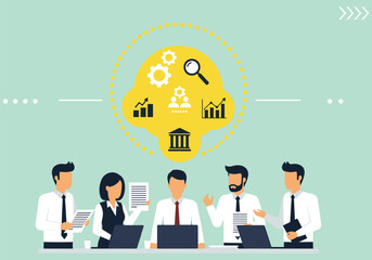 Businessman and team in the office with an idea bulb, symbolizing successful teamwork and communication