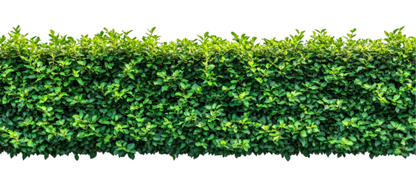 Lush green hedge wall presents a neatly trimmed botanical border against a stark black backdrop, perfect for garden designs, transparent background