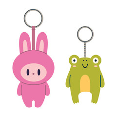 Cute pink bunny and green frog keychains, bag charm with simple round shapes and kawaii faces. Trendy modern vector illustration isolated on white background, hand drawn, flat design