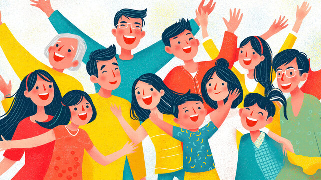 Group of People Waving and Smiling Together in Illustration Style
