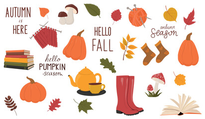 Big autumn vector elements set. Leaves, pumpkins, books, mushrooms, tea. Cozy fall hand drawn vector illustration 