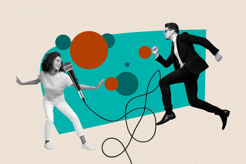 Pop poster collage of people singing mic on pastel teal color background