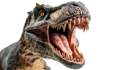 A fearsome dinosaur roars, showcasing sharp teeth and textured skin against a dark, dramatic background, perfect for illustrating prehistoric life, transparent background