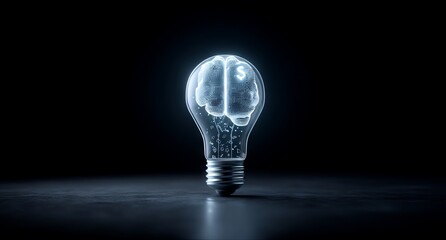 The image of a brain-shaped light bulb aglow with digital symbols on a dark blue backdrop embodies the concepts of ingenious ideas, the digital era, and innovative technology