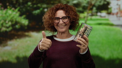 Woman giving thumbs up holding money jar with dollars in a park setting, showcasing success and...