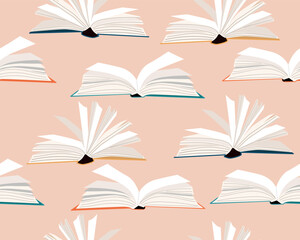 Open books horizontal seamless background. Books with open pages on beige background