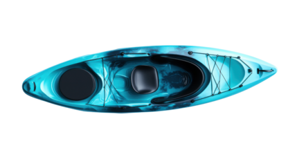 Top down view of solo kayaker paddling on crystal-clear turquoise water with visible ripples isolated on white background