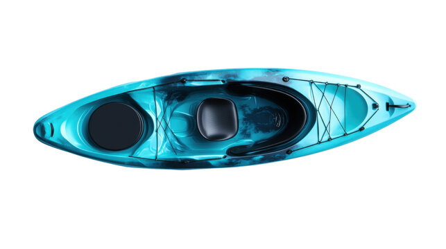 Top down view of solo kayaker paddling on crystal-clear turquoise water with visible ripples isolated on white background