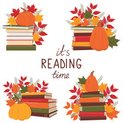 Stacks of books with pumpkins and leaves collection. Novel, fairy tale, romance, folk tales, poetry book. It's reading time lettering.