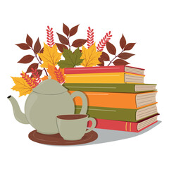 Stack of books with teapot and leaves. Vector illustration of a cozy autumn reading scene. Perfect for autumn-themed designs, education, lifestyle, or seasonal promotions.