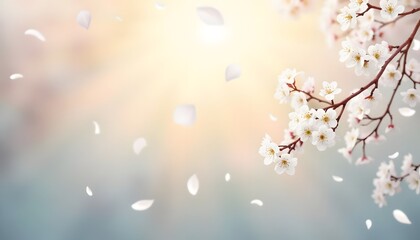 Fototapeta premium Blooming white flowers on a branch with scattered petals against a soft blurred background