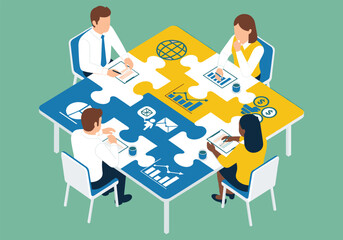 Business people team holding puzzle, working together at office desk, concept of teamwork and communication vector illustration