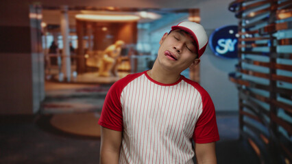 Obraz premium Young man in baseball uniform sticks tongue out playfully in stylish hotel lobby with modern decor.