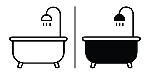 Bathtub Shower Icon Set: Line art and solid icon of a bathtub with overhead shower, perfect for bathroom design, hotel amenities, or app interface. 