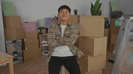 Young man sits smiling with crossed arms in a living room filled with moving boxes, suggesting a...