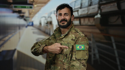 Fototapeta premium Man in military uniform with brazilian flag patch on shoulder stands on cruise ship deck pointing at flag confidently under bright lighting.
