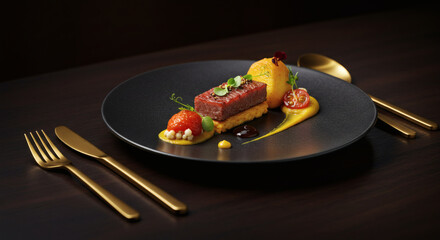 Gourmet Beef Dish with Yellow Sauce Garnish and Gold Cutlery on Dark Plate